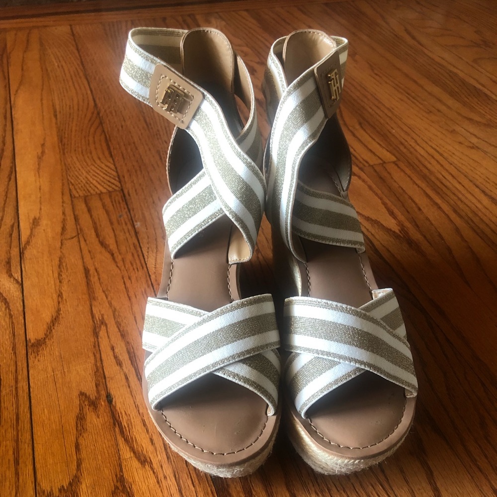 Gold & white striped platform/wedge heels, size 7